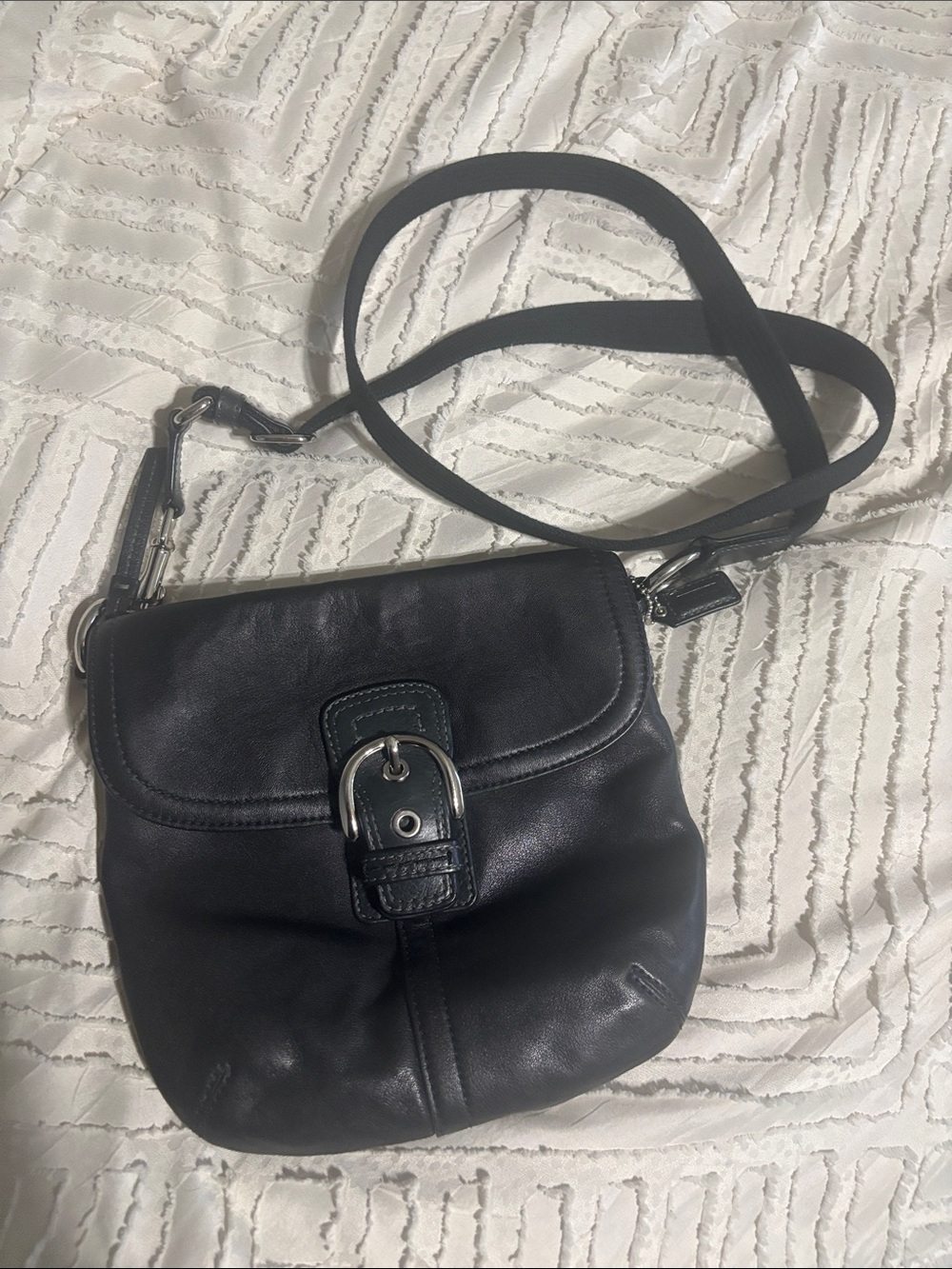 Coach Black Leather Flap Crossbody Bag Silver Buckle Adjustable Web Strap Small